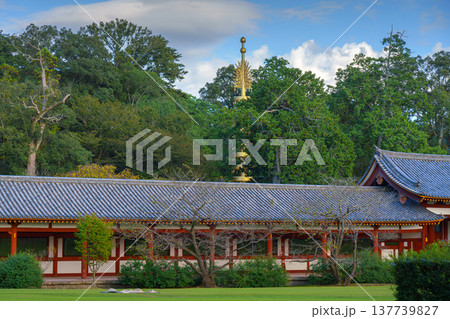 Nara, Japan - Sep 26 2024, panoramic view of gallery with a Japanese-style tiled roof, on background a bronze sorin can be seen among trees, on territory of Todaiji Temple, without people, Nara, Japan 137739827