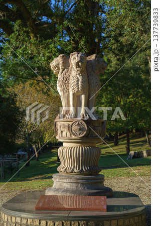 Nara, Japan - Sep 26 2024, vertical view of  statue of three lions looking in different directions landmark on territory of Todaiji Temple, trees in background, without people, at daytime, Nara, Japan 137739833