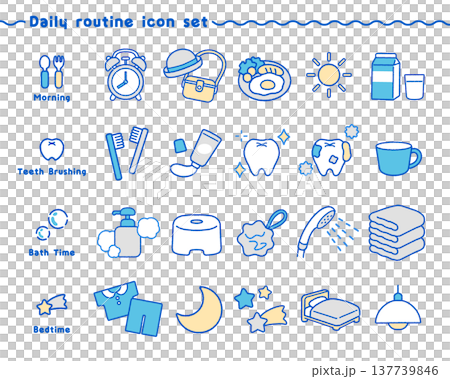 Cute daily routine icon set | Morning routine, brushing teeth, bath time, bedtime Cute daily routine icon set | Morning routine, brushing teeth, bath time, bedtime 137739846