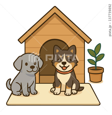 犬小屋の前でおすわりする2匹の仲良し子犬のイラスト 137739892