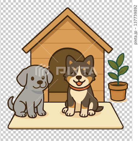 犬小屋の前でおすわりする2匹の仲良し子犬のイラスト 137739892