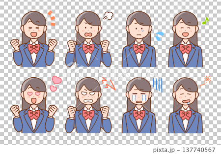 女子高校生の喜怒哀楽イラストセット｜感情・表情 137740567