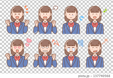 高校生(女子)の喜怒哀楽イラストセット｜感情・表情 137740568