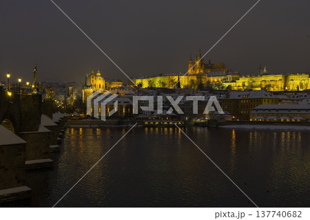 Prague Castle and Charles Bridge at night in winter 137740682
