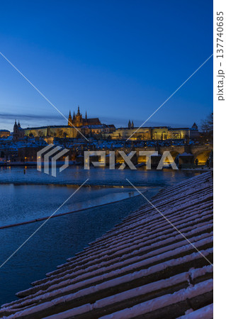 Prague Castle, Charles Bridge at winter night 137740685