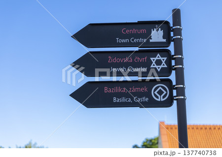 Directional sign pointing to Jewish Quarter and Basilica in Trebic 137740738