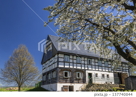 Traditional half timbered house at Kourim Czechia during spring 137740844