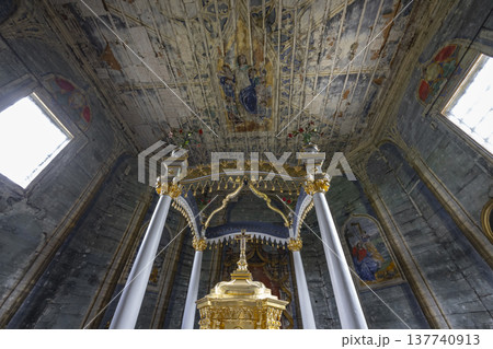Wooden ceiling and altar inside Orthodox church Komancza Poland 137740913