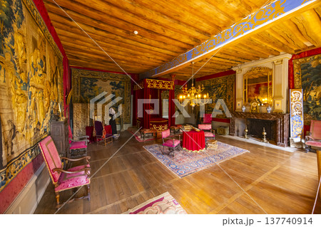Royal bedroom with traditional tapestries in Chateau de Saint Fargeau Royal bedroom with traditional tapestries in Chateau de Saint Fargeau 137740914