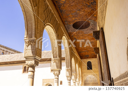 Alhambra palace intricate arches and wooden ceiling in Granada, Spain Alhambra palace intricate arches and wooden ceiling in Granada, Spain 137740925