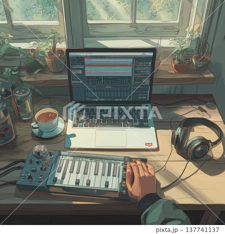 Home music studio setup with laptop headphones and mixer. Desk with laptop showing DAW software, headphones, coffee, and audio equipment by a window Home music studio setup with laptop headphones and mixer. Desk with laptop showing DAW software, headphones, coffee, and audio equipment by a window 137741137