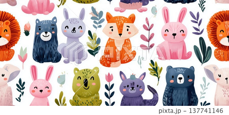 Children seamless pattern with cute animals and spring floral elements. Playful pattern featuring cartoony forest animals and blooming flowers on a white background Children seamless pattern with cute animals and spring floral elements. Playful pattern featuring cartoony forest animals and blooming flowers on a white background 137741146