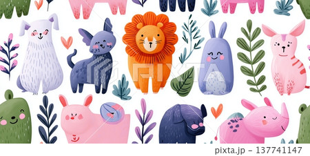 Children seamless pattern with cute animals and spring floral elements. Playful pattern featuring cartoony forest animals and blooming flowers on a white background Children seamless pattern with cute animals and spring floral elements. Playful pattern featuring cartoony forest animals and blooming flowers on a white background 137741147