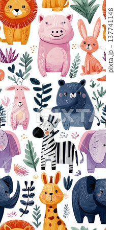 Children seamless pattern with cute animals and spring floral elements. Playful pattern featuring cartoony forest animals and blooming flowers on a white background Children seamless pattern with cute animals and spring floral elements. Playful pattern featuring cartoony forest animals and blooming flowers on a white background 137741148