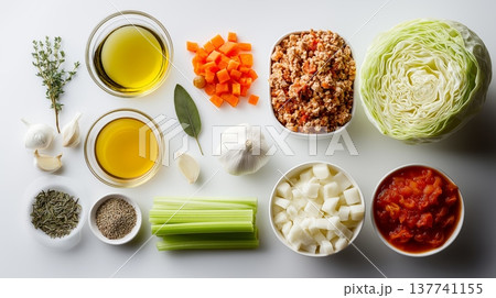 Ingredients for traditional stuffed cabbage soup with ground turkey. Flat lay showing fresh ingredients for making stuffed cabbage soup on a white background Ingredients for traditional stuffed cabbage soup with ground turkey. Flat lay showing fresh ingredients for making stuffed cabbage soup on a white background 137741155