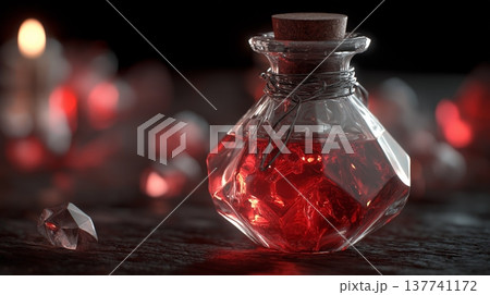 Magical health potion sparkling inside faceted bottle. Red liquid sparking within a glass potion bottle with a cork stopper and twine 137741172