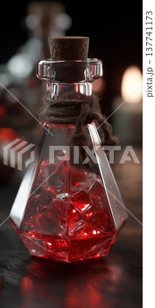 Magical health potion sparkling inside faceted bottle. Red liquid sparking within a glass potion bottle with a cork stopper and twine Magical health potion sparkling inside faceted bottle. Red liquid sparking within a glass potion bottle with a cork stopper and twine 137741173