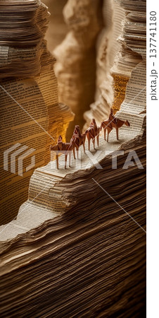 Paper canyon path with origami camel caravan. Origami camels trek through a winding canyon sculpted from stacked vintage book pages Paper canyon path with origami camel caravan. Origami camels trek through a winding canyon sculpted from stacked vintage book pages 137741180