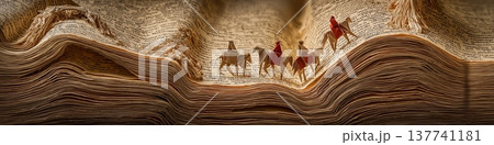 Paper canyon path with origami camel caravan. Origami camels trek through a winding canyon sculpted from stacked vintage book pages Paper canyon path with origami camel caravan. Origami camels trek through a winding canyon sculpted from stacked vintage book pages 137741181