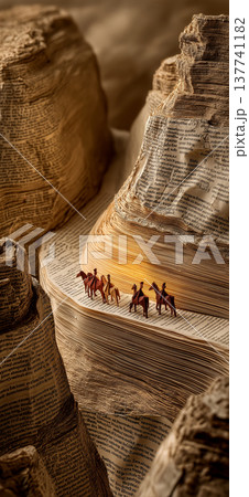 Paper canyon path with origami camel caravan. Origami camels trek through a winding canyon sculpted from stacked vintage book pages Paper canyon path with origami camel caravan. Origami camels trek through a winding canyon sculpted from stacked vintage book pages 137741182