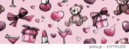 Romantic pink pattern sketching teddy bears, hearts, gifts. Cute seamless pattern featuring hand-drawn teddy bears, hearts, gifts, and cosmetic items on pink 137741205