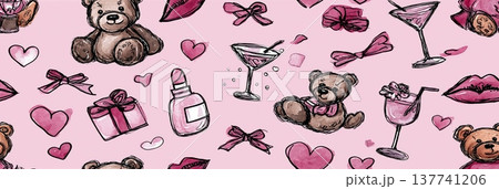 Romantic pink pattern sketching teddy bears, hearts, gifts. Cute seamless pattern featuring hand-drawn teddy bears, hearts, gifts, and cosmetic items on pink Romantic pink pattern sketching teddy bears, hearts, gifts. Cute seamless pattern featuring hand-drawn teddy bears, hearts, gifts, and cosmetic items on pink 137741206