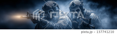 Two futuristic special forces soldiers emerging from smoke. Futuristic tactical soldiers wearing skull masks and armor holding rifles Two futuristic special forces soldiers emerging from smoke. Futuristic tactical soldiers wearing skull masks and armor holding rifles 137741210