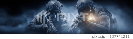 Two futuristic special forces soldiers emerging from smoke. Futuristic tactical soldiers wearing skull masks and armor holding rifles Two futuristic special forces soldiers emerging from smoke. Futuristic tactical soldiers wearing skull masks and armor holding rifles 137741211