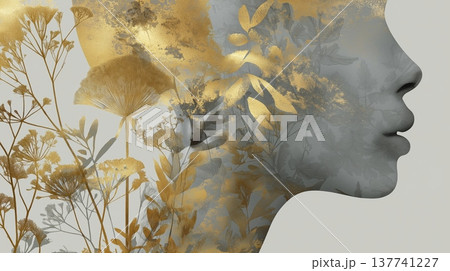 Woman head profile with gold floral abstract. Woman head silhouette blending with golden botanical elements and abstract textures Woman head profile with gold floral abstract. Woman head silhouette blending with golden botanical elements and abstract textures 137741227