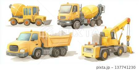 Yellow construction vehicles playing on a fun construction site. Watercolor illustration featuring various yellow construction vehicles for children's learning and play 137741230