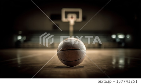 Basketball resting on wooden court, game concept. Basketball resting on a wooden court floor with blurred background, emphasizing sport and competition 137741251