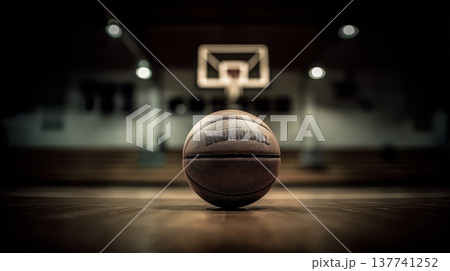 Basketball resting on wooden court, game concept. Basketball resting on a wooden court floor with blurred background, emphasizing sport and competition 137741252