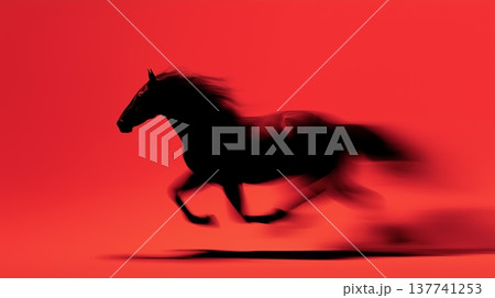 Black horse silhouette galloping with motion blur on red background. Black equine silhouette fast running with blur effect symbolizing speed and dynamism 137741253