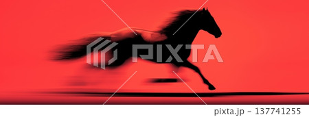 Black horse silhouette galloping with motion blur on red background. Black equine silhouette fast running with blur effect symbolizing speed and dynamism Black horse silhouette galloping with motion blur on red background. Black equine silhouette fast running with blur effect symbolizing speed and dynamism 137741255
