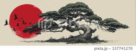 Bonsai tree reaching for a red sun Japanese illustration. Bonsai tree standing against a vibrant red circle on a neutral background Bonsai tree reaching for a red sun Japanese illustration. Bonsai tree standing against a vibrant red circle on a neutral background 137741270