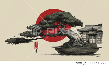 Bonsai tree reaching for a red sun Japanese illustration. Bonsai tree standing against a vibrant red circle on a neutral background 137741275