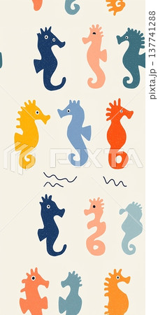 Colorful seahorses creating a playful ocean seamless pattern. Playful seahorses forming a cute children's pastel colored seamless pattern on a white background 137741288
