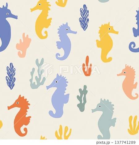 Colorful seahorses creating a playful ocean seamless pattern. Playful seahorses forming a cute children's pastel colored seamless pattern on a white background 137741289