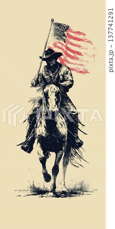 Cowboy riding horse holding Confederate Civil War flag. Cowboy riding a running horse, holding a Confederate flag in vintage screen print style 137741291