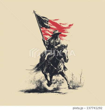 Cowboy riding horse holding Confederate Civil War flag. Cowboy riding a running horse, holding a Confederate flag in vintage screen print style 137741292