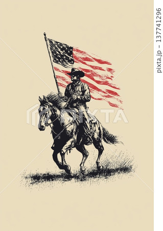 Cowboy riding horse holding Confederate Civil War flag. Cowboy riding a running horse, holding a Confederate flag in vintage screen print style 137741296