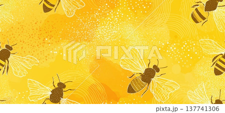 Flying bees creating seamless honey pattern background. Busy flying bees on a golden yellow background with honeycomb and abstract textures 137741306
