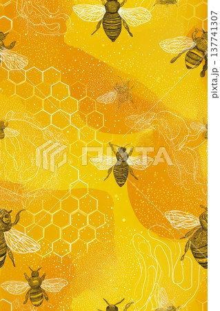 Flying bees creating seamless honey pattern background. Busy flying bees on a golden yellow background with honeycomb and abstract textures 137741307