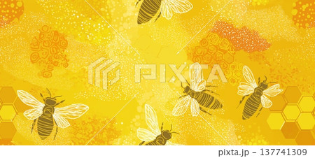 Flying bees creating seamless honey pattern background. Busy flying bees on a golden yellow background with honeycomb and abstract textures 137741309
