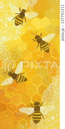 Flying bees creating seamless honey pattern background. Busy flying bees on a golden yellow background with honeycomb and abstract textures 137741311