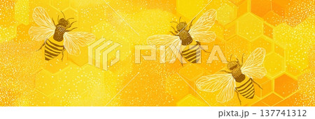 Flying bees creating seamless honey pattern background. Busy flying bees on a golden yellow background with honeycomb and abstract textures 137741312