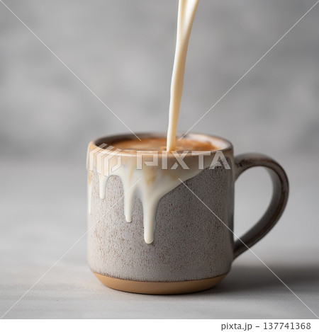 Milk pouring from pitcher into ceramic mug. Creamy dairy milk pouring from a pitcher into a ceramic mug on a gray table Milk pouring from pitcher into ceramic mug. Creamy dairy milk pouring from a pitcher into a ceramic mug on a gray table 137741368