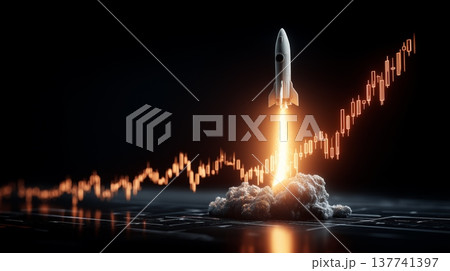 Rocket launching from rapidly rising financial chart. Rocket launching from an upward-trending candlestick chart symbolizing rapid financial growth 137741397