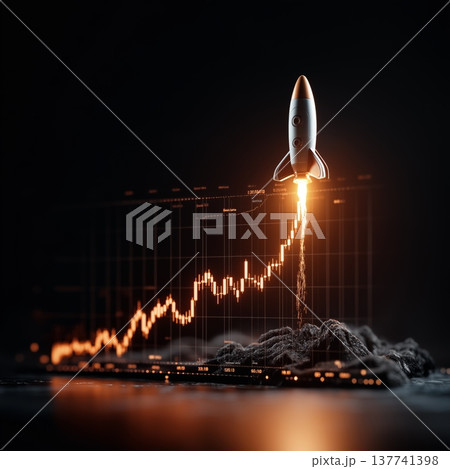 Rocket launching from rapidly rising financial chart. Rocket launching from an upward-trending candlestick chart symbolizing rapid financial growth 137741398