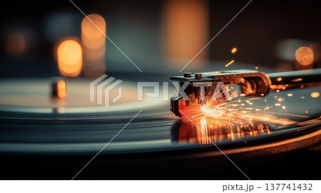 Turntable needle creating sparks on spinning vinyl record. Turntable needle creating sparks while playing a spinning vinyl record, capturing music and energy Turntable needle creating sparks on spinning vinyl record. Turntable needle creating sparks while playing a spinning vinyl record, capturing music and energy 137741432